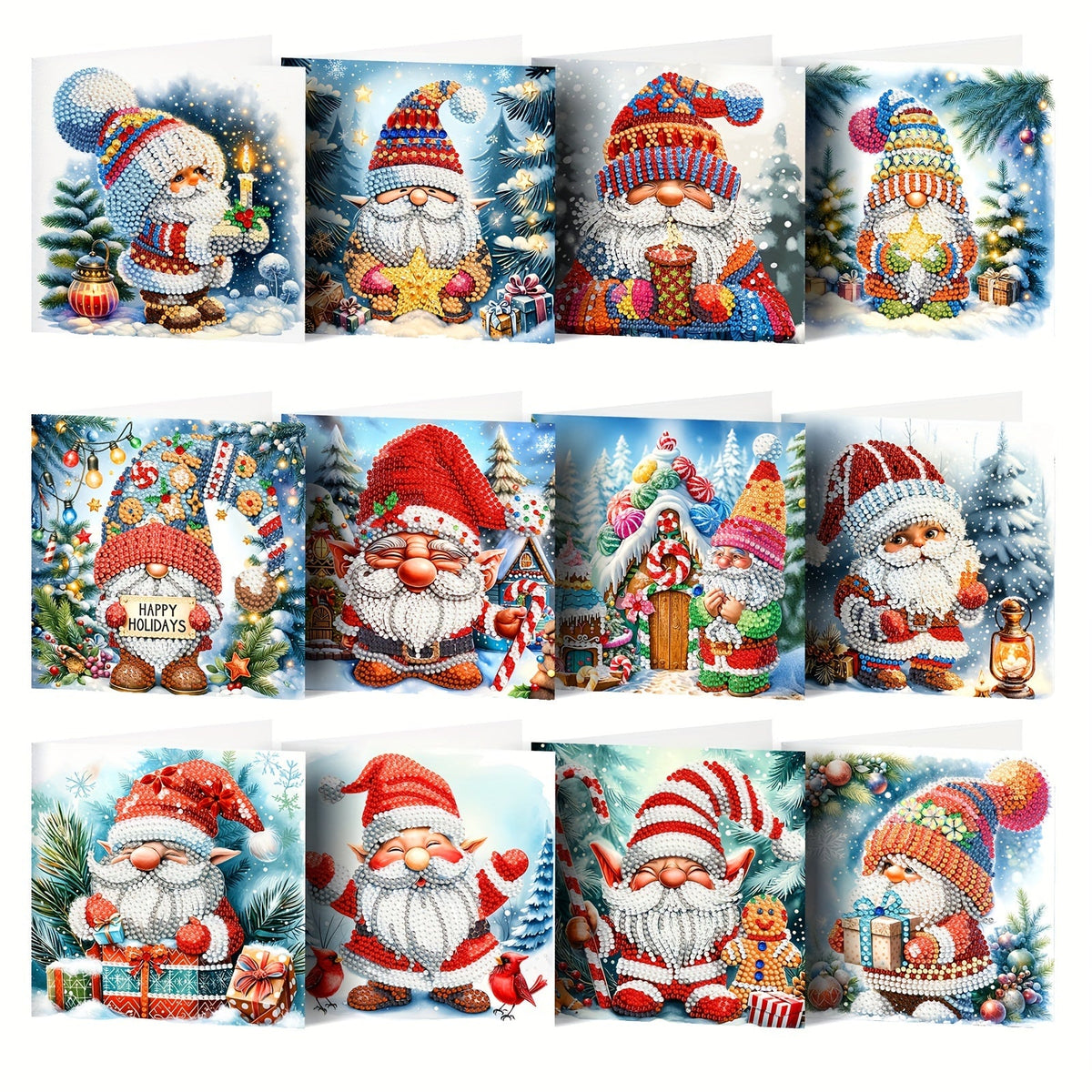 Cartões de Natal DIY 5D Diamond Painting com envelopes, designs de Pai Natal multicoloridos, conjunto 12 peças