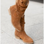 Botins slouch femininos com punho dobrável e salto bloco baixo