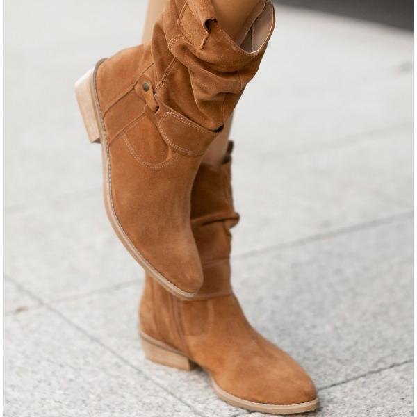 Botins slouch femininos com punho dobrável e salto bloco baixo