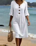 Vestido midi mulher linho algodão botões corte solto verão