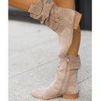 Botins slouch femininos com punho dobrável e salto bloco baixo