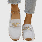 Tênis loafer ortopédico feminino mesh leve com detalhe dourado