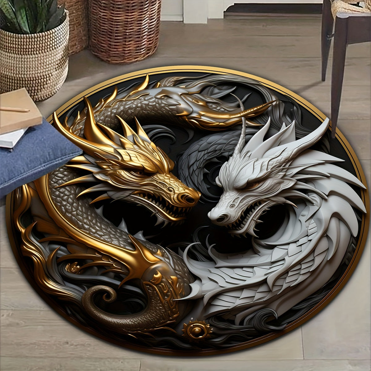 Tapete redondo decorativo antiderrapante com design dragão em poliéster, 80cm 100cm 120cm