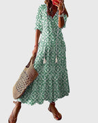 Vestido feminino boho estampado com decote V leve e estampa vintage