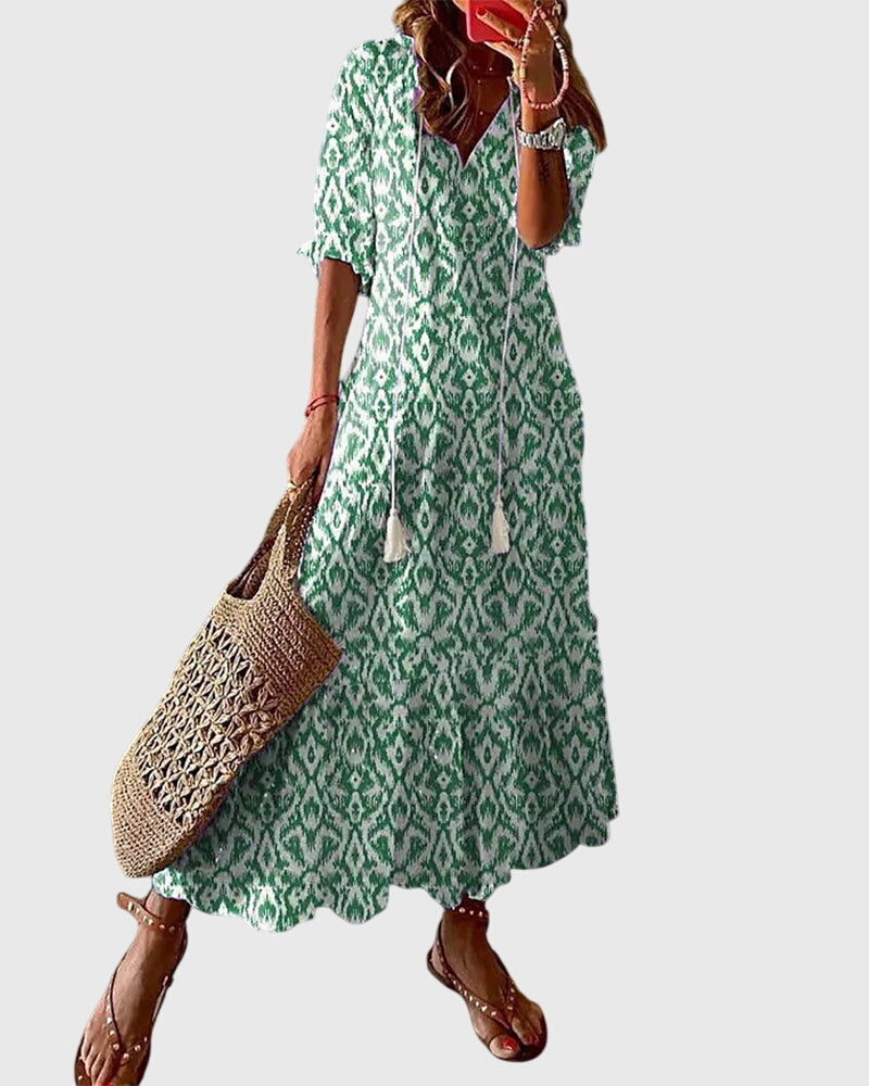 Vestido feminino boho estampado com decote V leve e estampa vintage