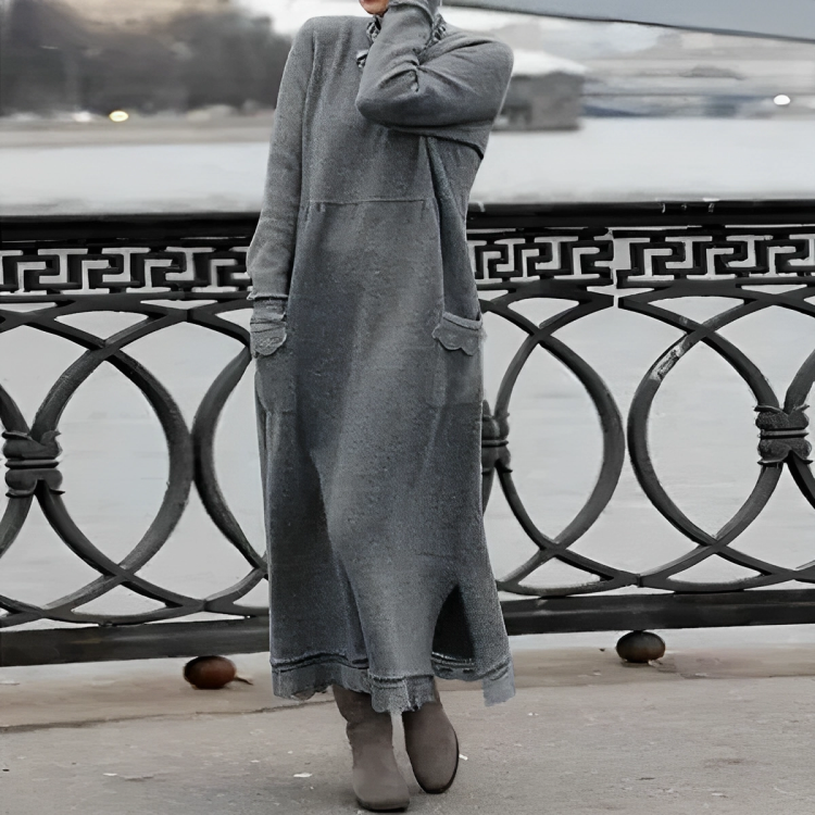 Vestido de inverno feminino malha midi com fenda lateral e bolsos
