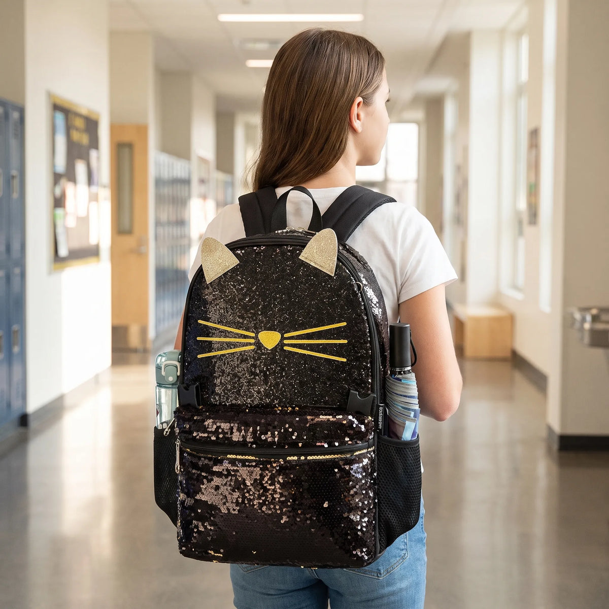 Mochila escolar 3 peças com motivo de gato, set completo mochila lancheira estojo criança