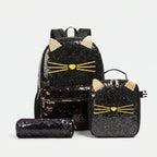 Mochila escolar 3 peças com motivo de gato, set completo mochila lancheira estojo criança