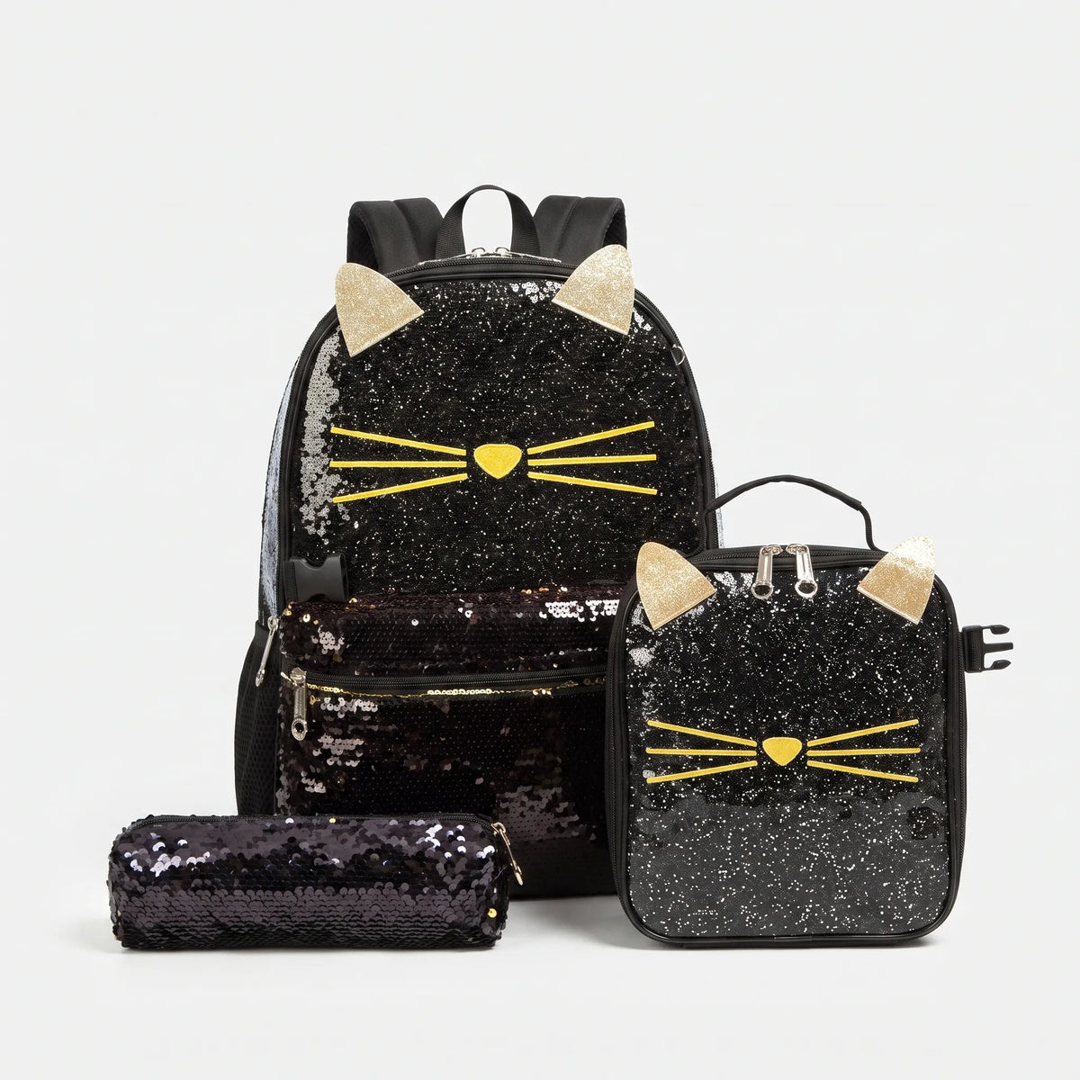 Mochila escolar 3 peças com motivo de gato, set completo mochila lancheira estojo criança