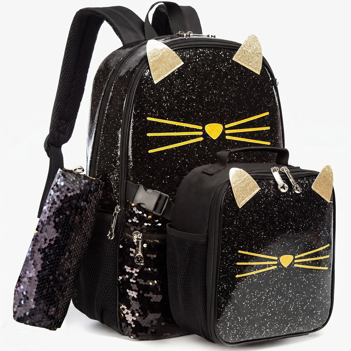 Mochila escolar 3 peças com motivo de gato, set completo mochila lancheira estojo criança