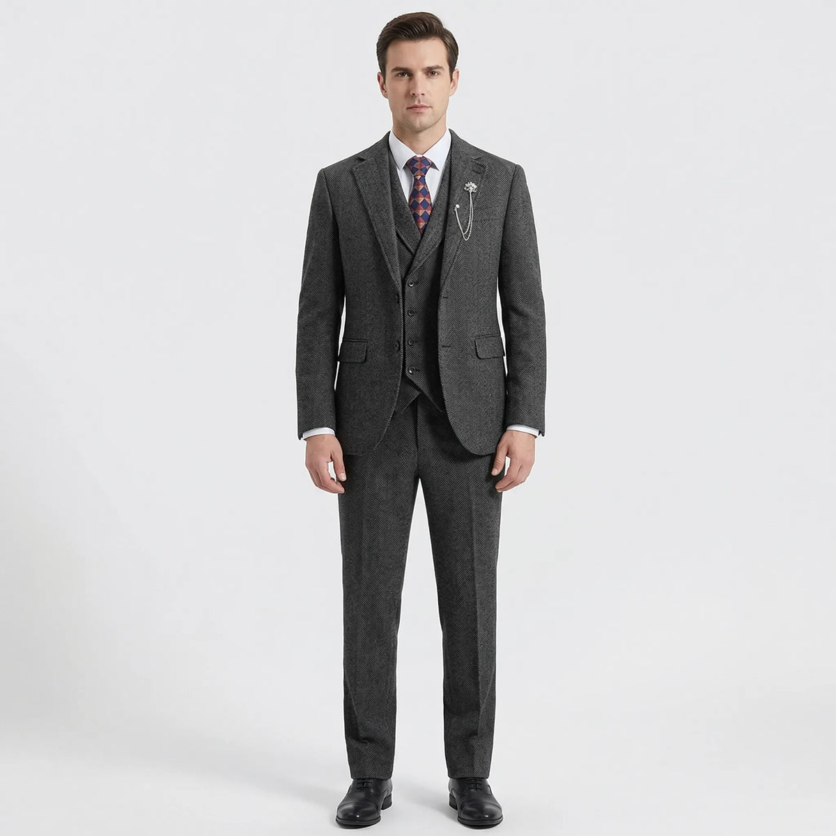 Fato masculino 3 peças espinha de peixe com corte cintado, conjunto formal casaco colete calças