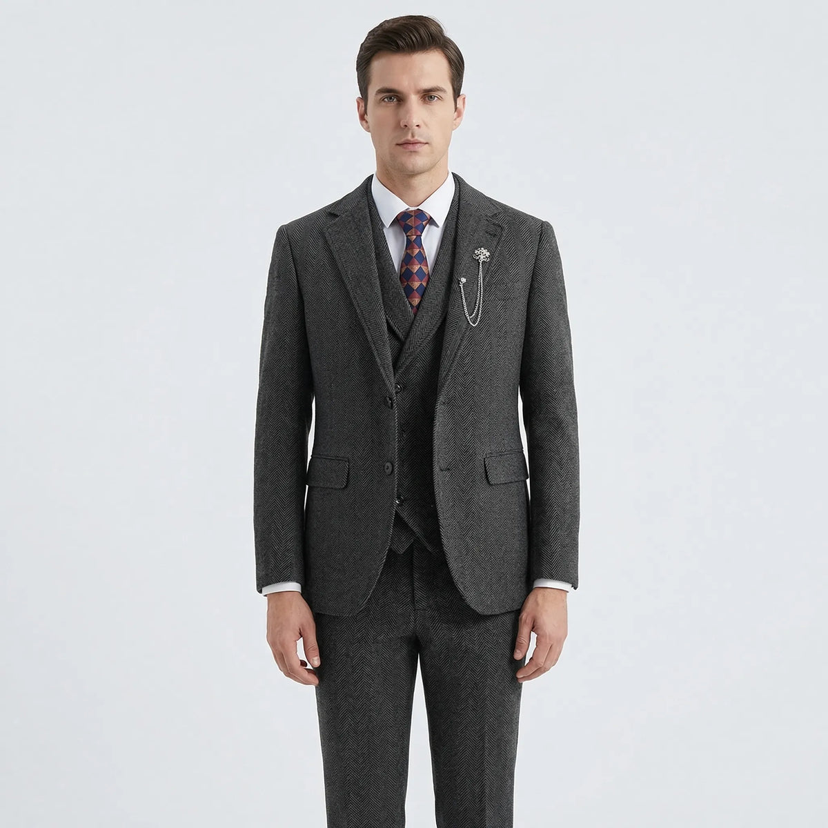 Fato masculino 3 peças espinha de peixe com corte cintado, conjunto formal casaco colete calças