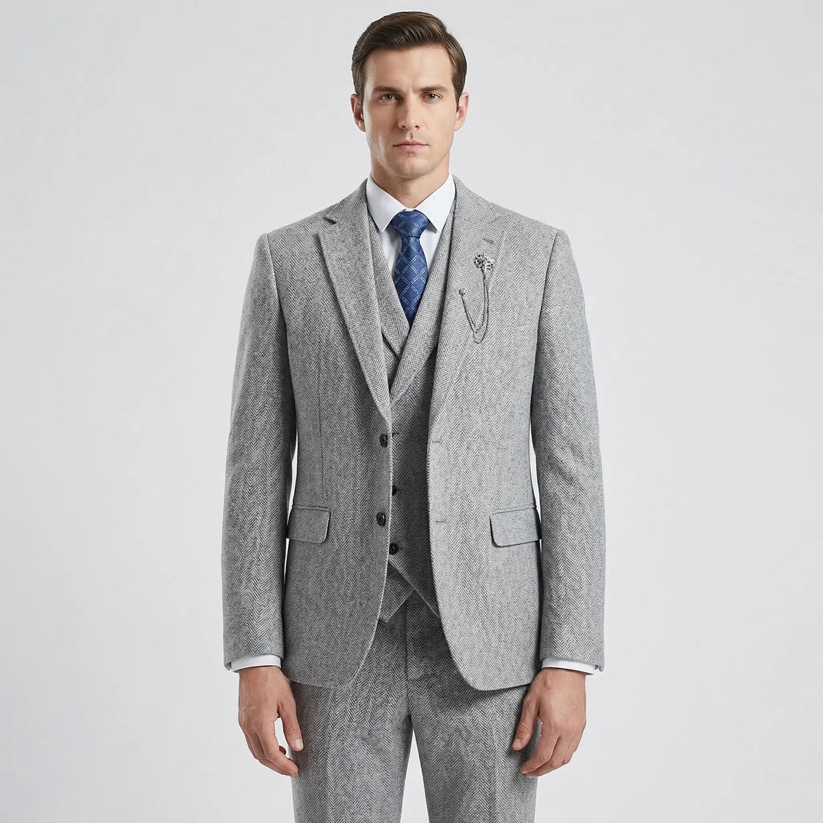 Fato masculino 3 peças espinha de peixe com corte cintado, conjunto formal casaco colete calças