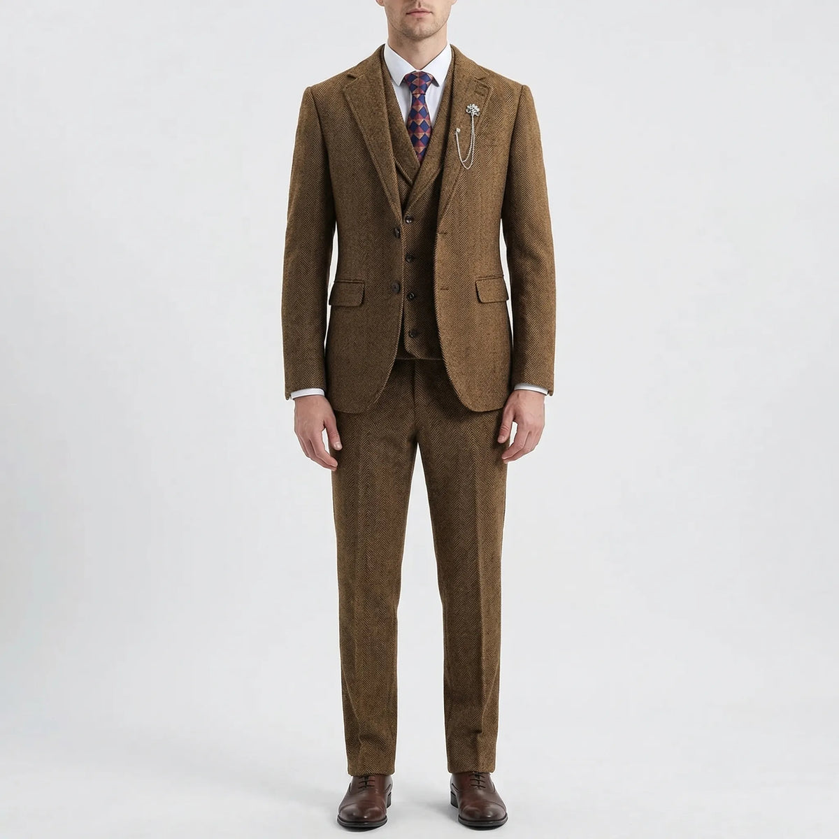 Fato masculino 3 peças espinha de peixe com corte cintado, conjunto formal casaco colete calças