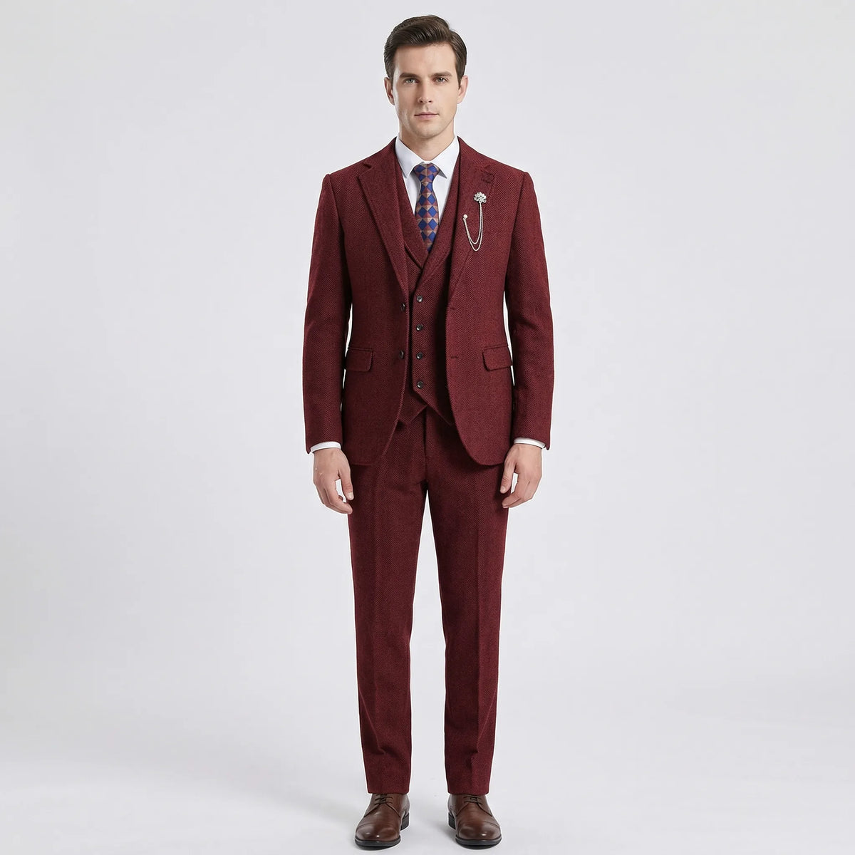 Fato masculino 3 peças espinha de peixe com corte cintado, conjunto formal casaco colete calças