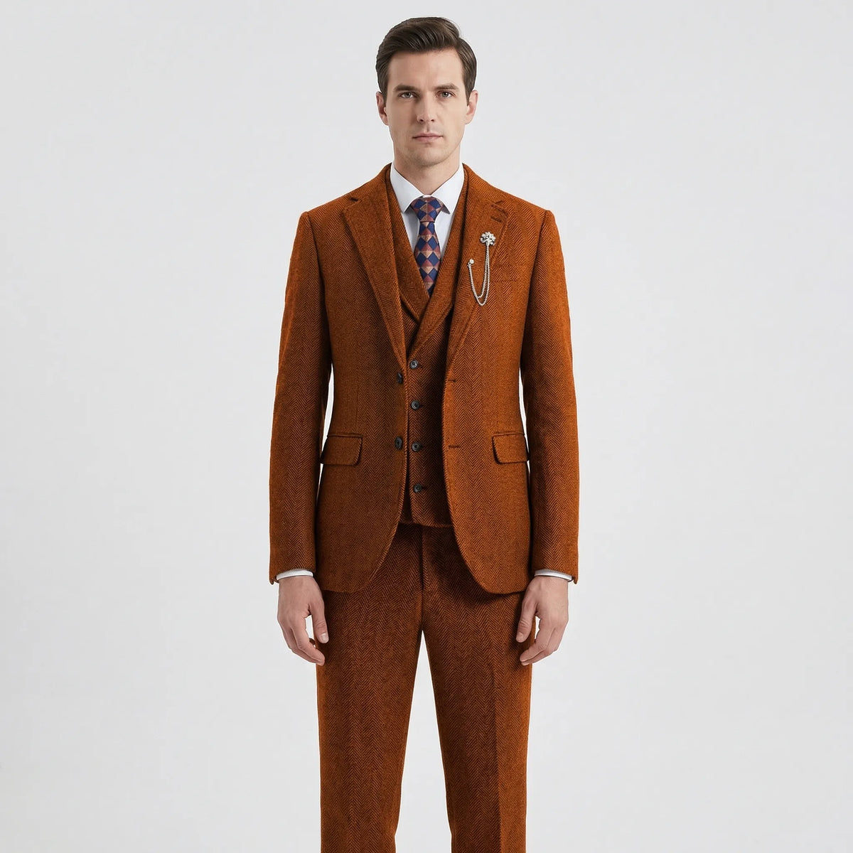 Fato masculino 3 peças espinha de peixe com corte cintado, conjunto formal casaco colete calças