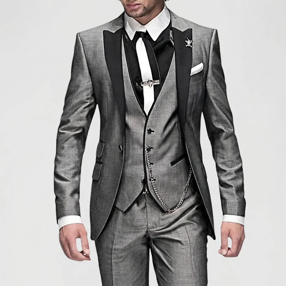 Fato slim fit formal masculino 3 peças com lapelas contrastantes a preto, elegante e moderno