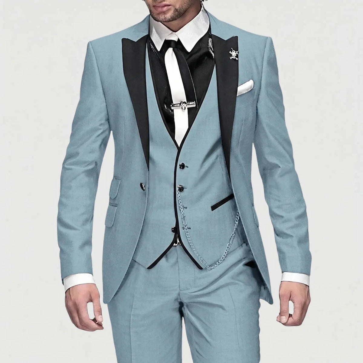 Fato slim fit formal masculino 3 peças com lapelas contrastantes a preto, elegante e moderno