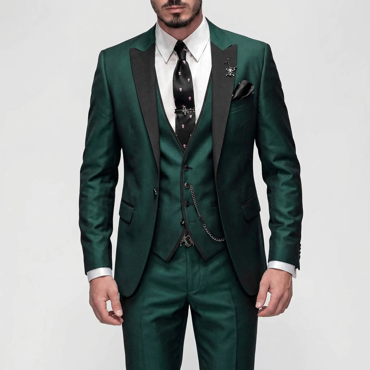 Fato slim fit formal masculino 3 peças com lapelas contrastantes a preto, elegante e moderno