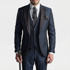Fato slim fit formal masculino 3 peças com lapelas contrastantes a preto, elegante e moderno