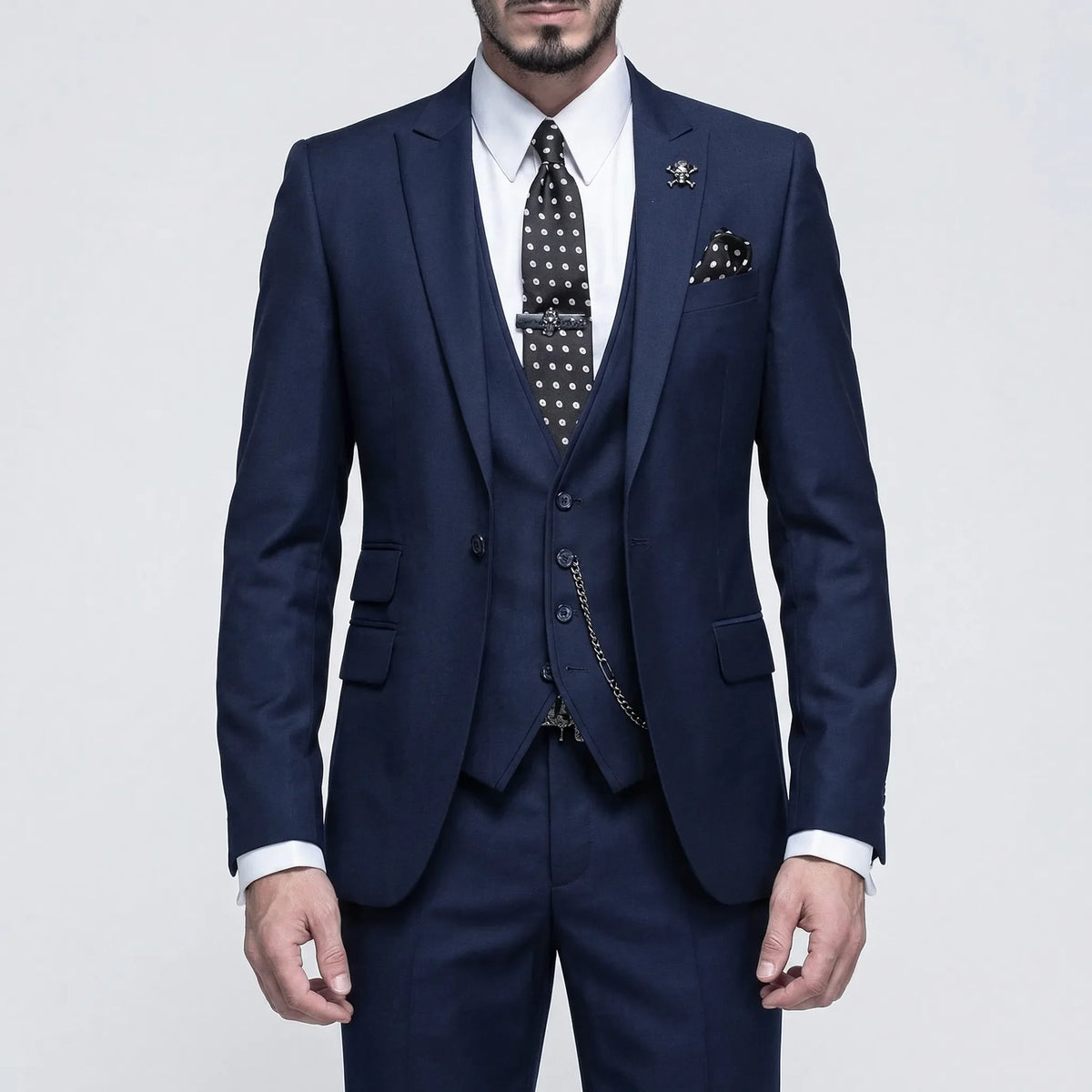 Fato slim fit formal masculino 3 peças com lapelas contrastantes a preto, elegante e moderno