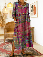 Vestido jeans feminino com patchwork étnico corte solto