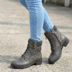 Botins de couro femininos com salto bloco baixo e zíper lateral