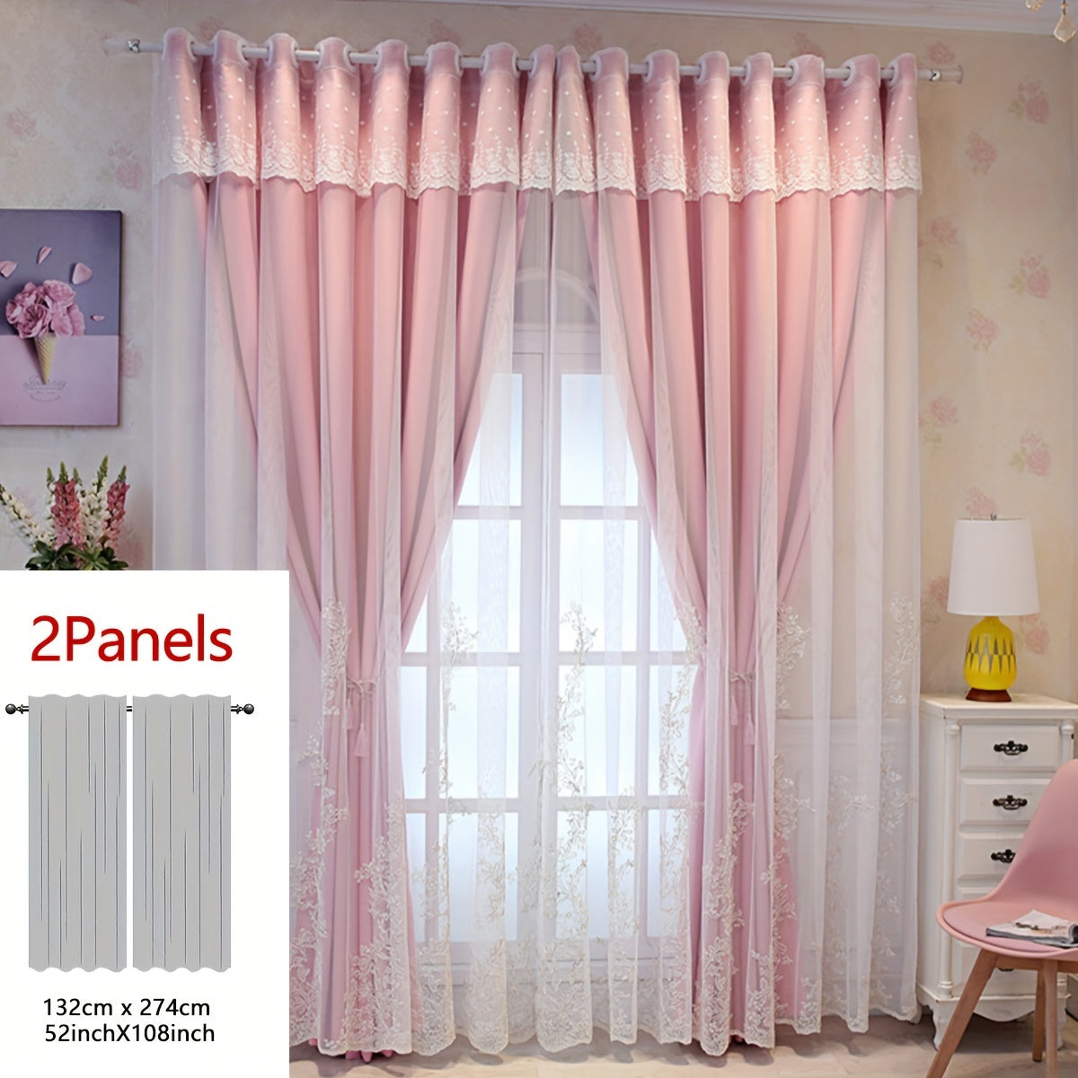 Cortinas bordadas fadas conjunto 2 painéis com filtragem de luz e argolas em poliéster