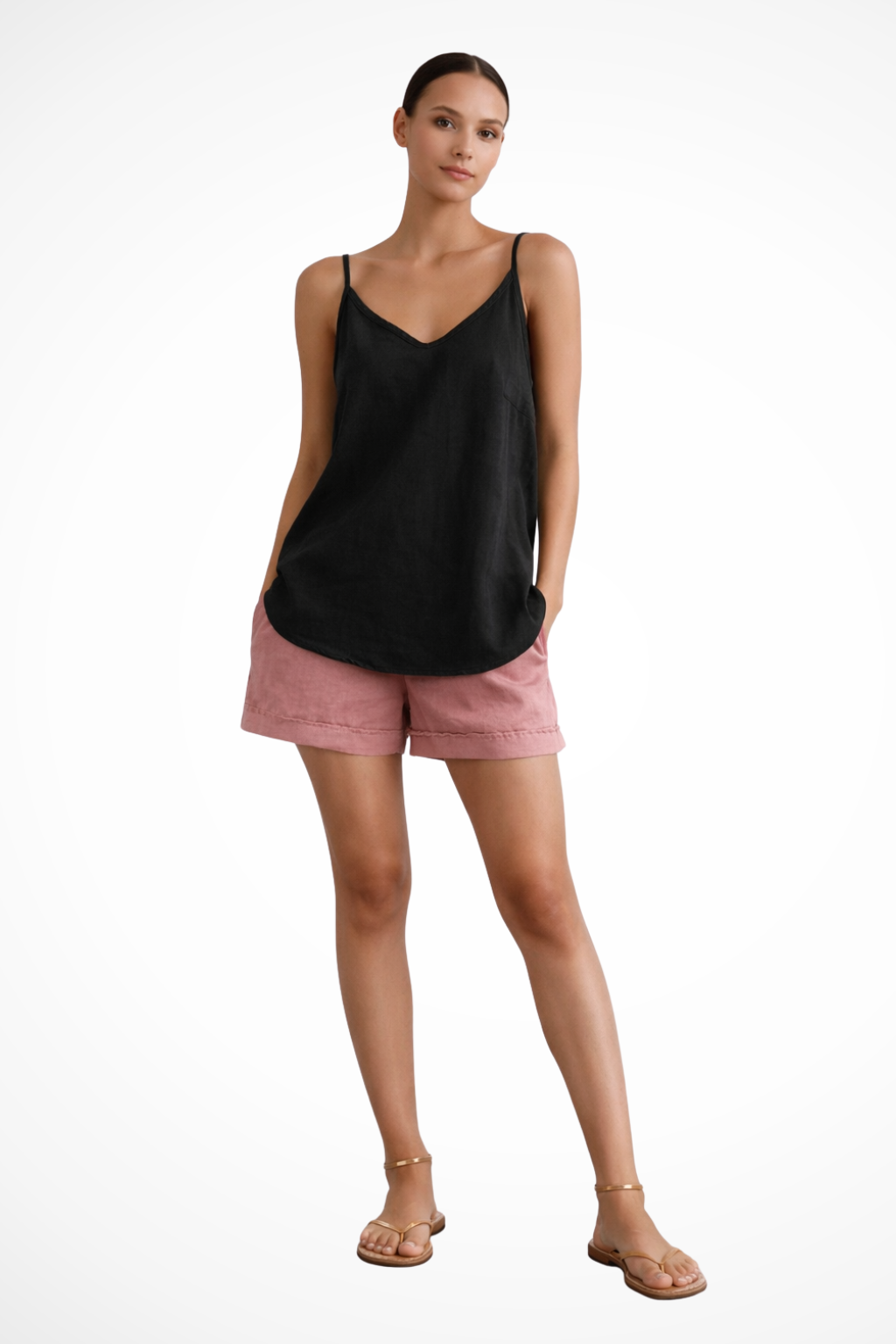 Top feminino de linho com alças finas e corte relaxed