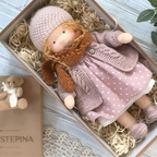 Boneca Waldorf artesanal em algodão e lã natural, suave, para bebés e crianças a partir dos 2 anos