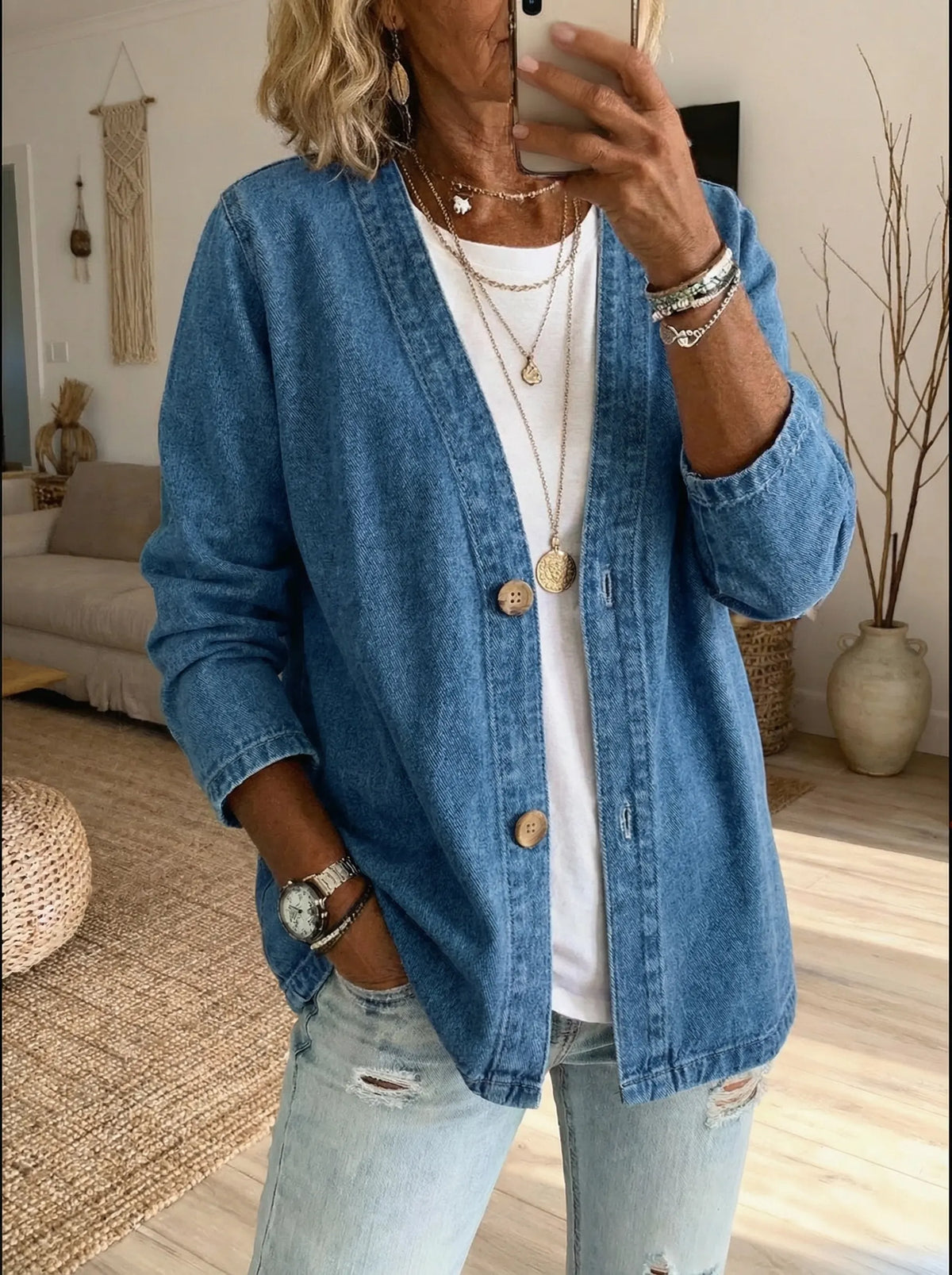 Casaco cardigan feminino denim com botões corte reto manga comprida