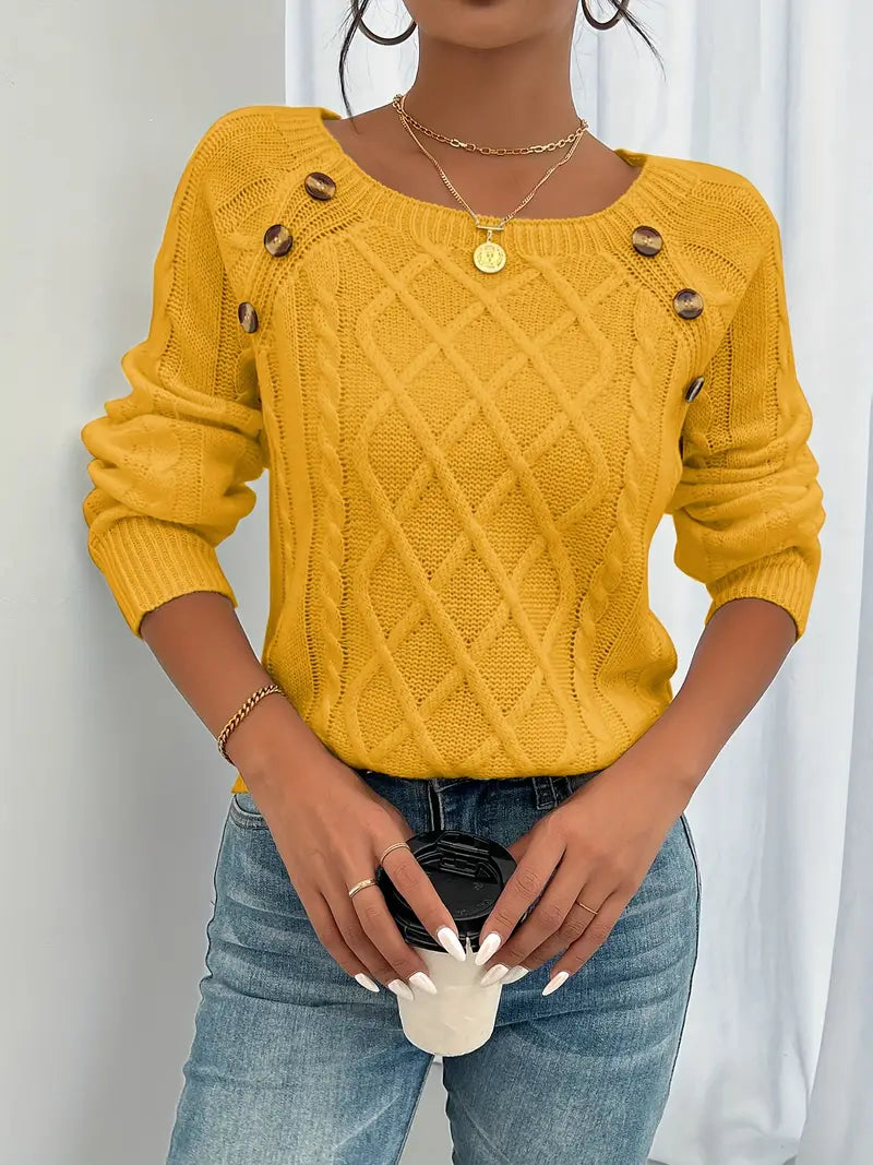 Camisola feminina algodão padrão torcido com botões decorativos manga comprida
