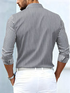 Camisa masculina listrada manga longa lavagem vintage efeito desgastado