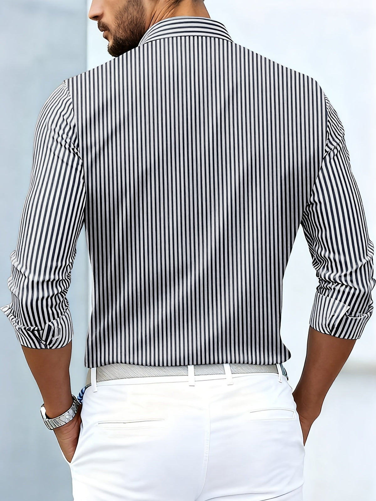 Camisa masculina listrada manga longa lavagem vintage efeito desgastado
