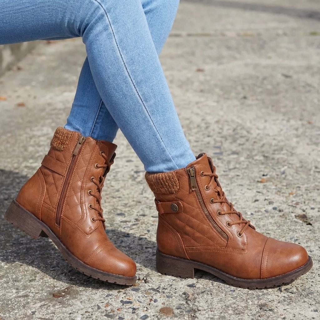 Botins de couro femininos com salto bloco baixo e zíper lateral