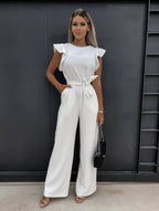 Jumpsuit mulher perna larga mangas borboleta com cinto incluído