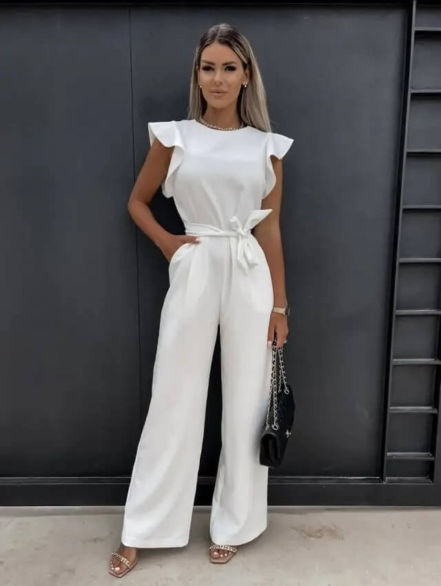 Jumpsuit mulher perna larga mangas borboleta com cinto incluído