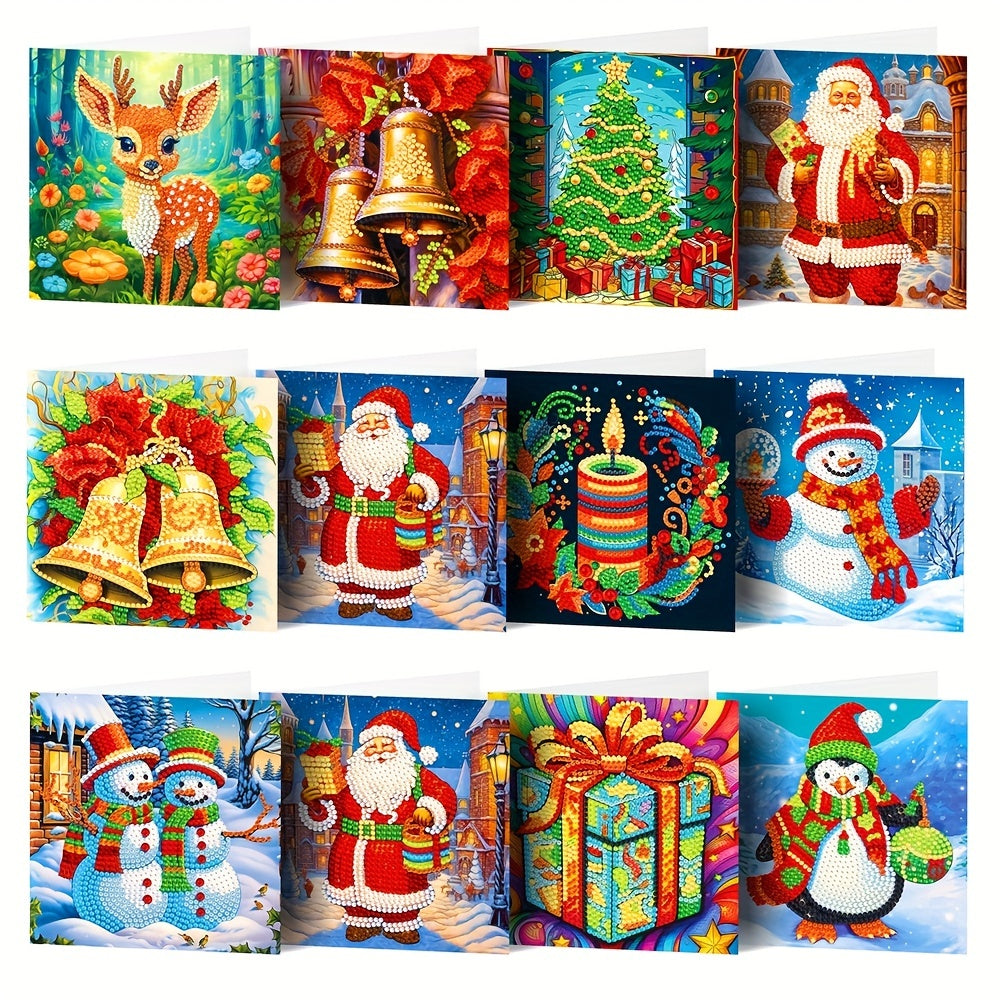 Cartões de Natal com Pintura de Diamante kit 12 peças, Papai Noel artesanal mosaico