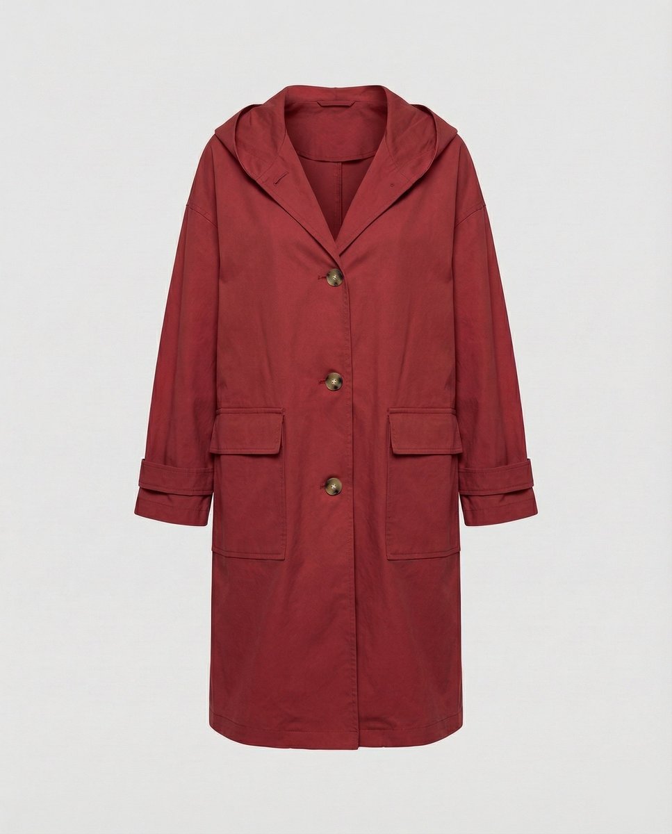 Gabardine impermeável com capuz longa para mulher, corte elegante