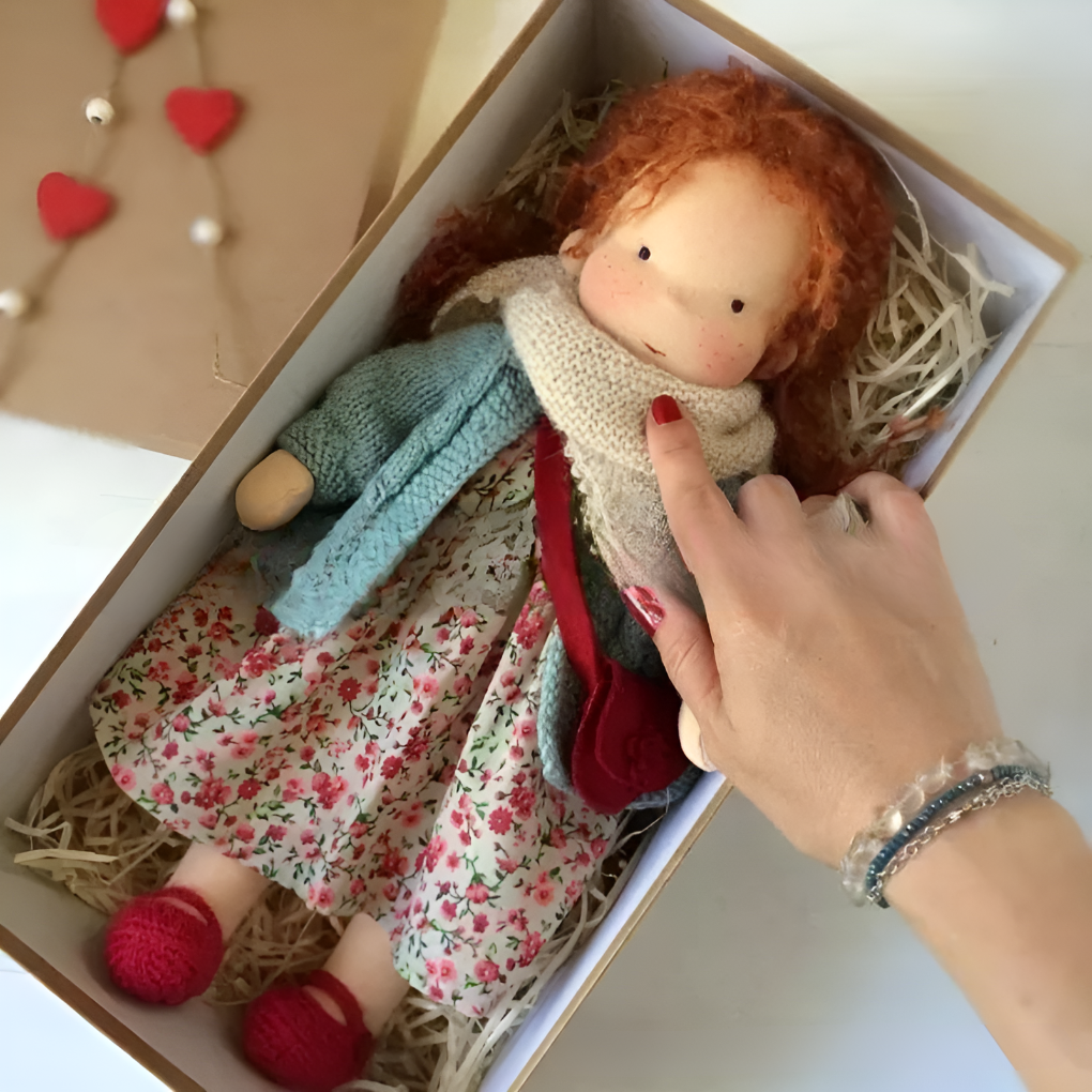 Boneca Waldorf artesanal em algodão e lã natural, suave, para bebés e crianças a partir dos 2 anos