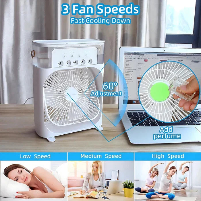 Ventilador 3 em 1 com LED 7 cores, arrefecedor e humidificador portátil USB