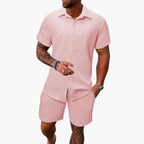 Conjunto masculino 2 peças camisa e calção jacquard mistura de algodão
