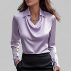 Blusa de cetim feminina com gola xale manga comprida
