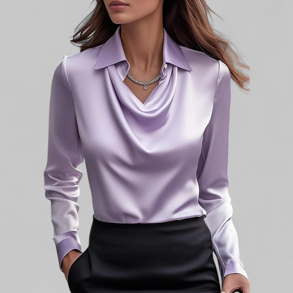 Blusa de cetim feminina com gola xale manga comprida