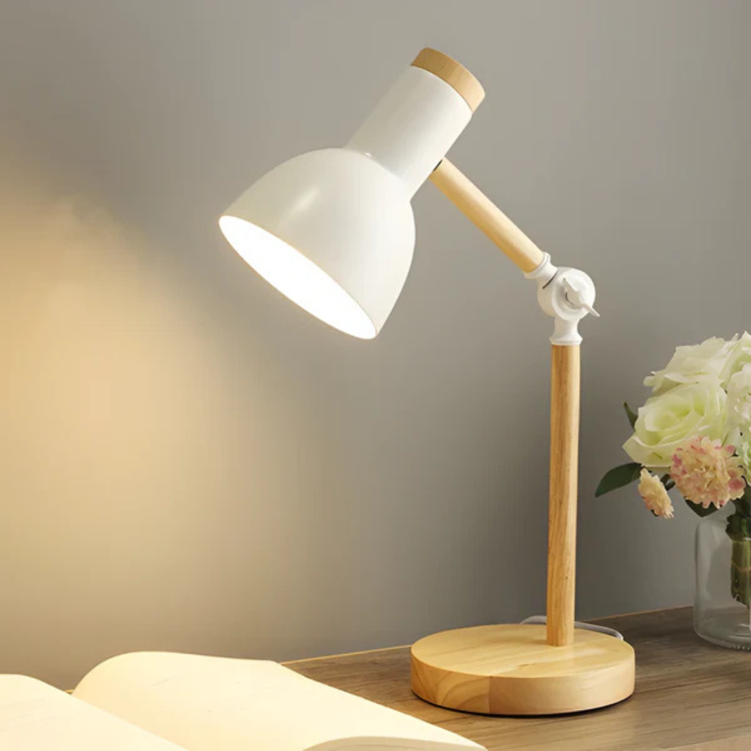 Candeeiro de mesa ajustável em madeira e metal com braço articulado e abajur giratório E27 LED