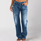Calças jeans femininas perna larga relaxed fit em denim elástico