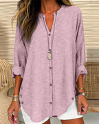 Blusa feminina manga longa listrada decote V com botões corte folgado