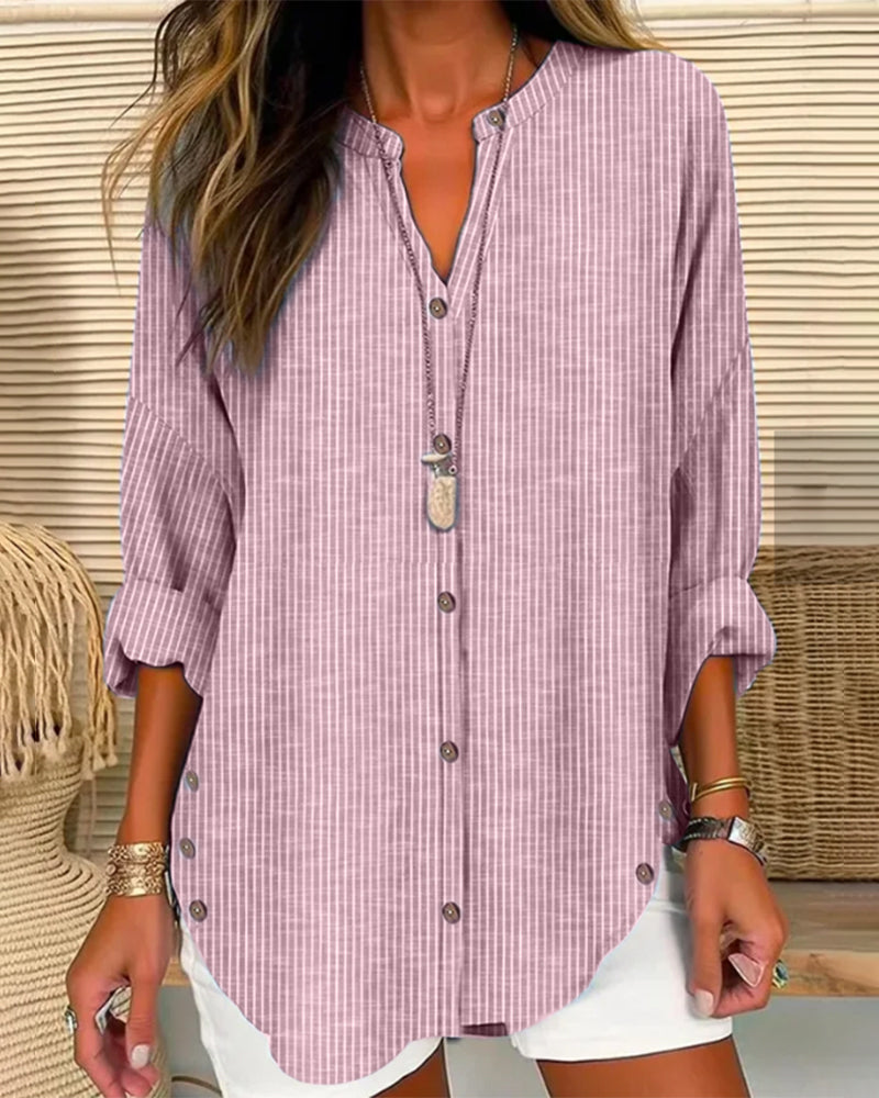 Blusa feminina manga longa listrada decote V com botões corte folgado