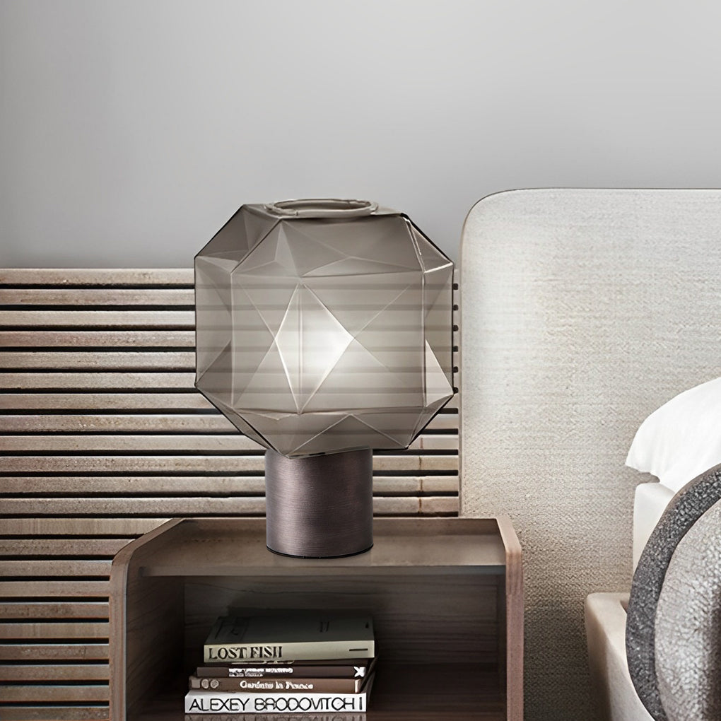 Candeeiro de mesa com cúpula em vidro cinza fumado, design moderno, luz quente E27