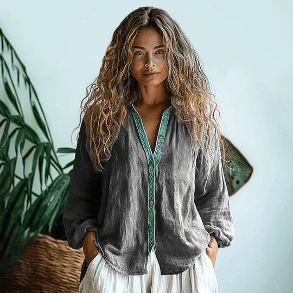 Camisa feminina manga longa boho relaxada estilo casual